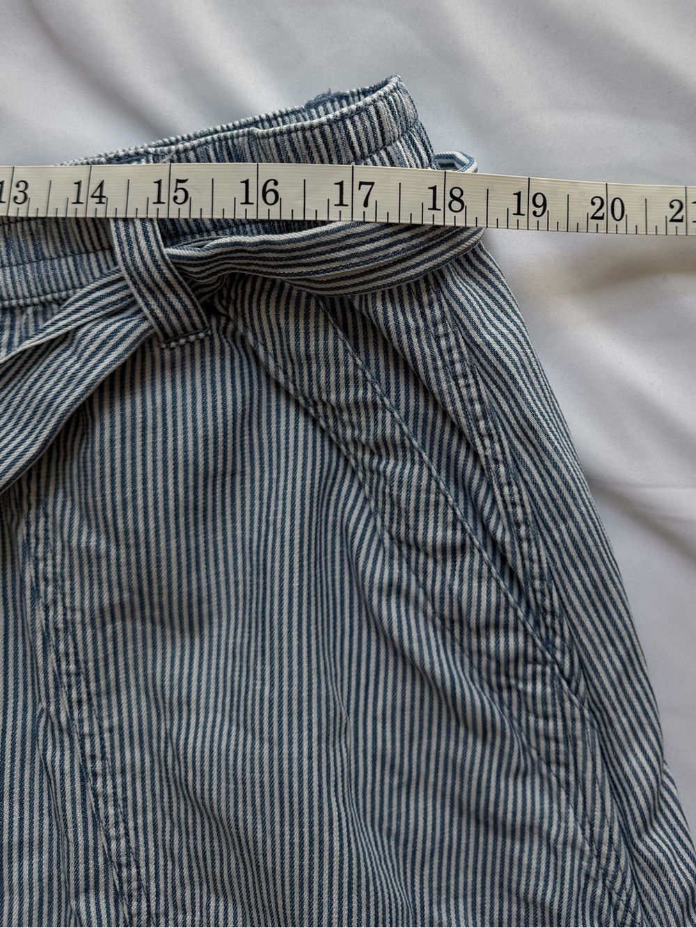 Lands’ End Womens Skirt Midi Large Pull On Fabric Belt Blue White Stripe Pockets - Picture 7 of 13